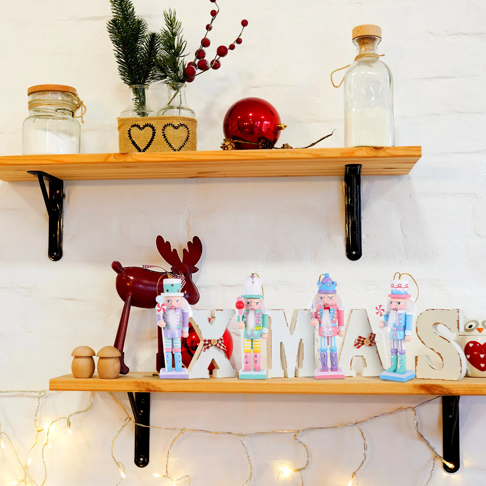 

4Pcs Detailed Wood Nutcracker Christmas Decorations Traditional Xmas Figure Set for Indoor Table Shelf Bookcase Fireplace Decor
