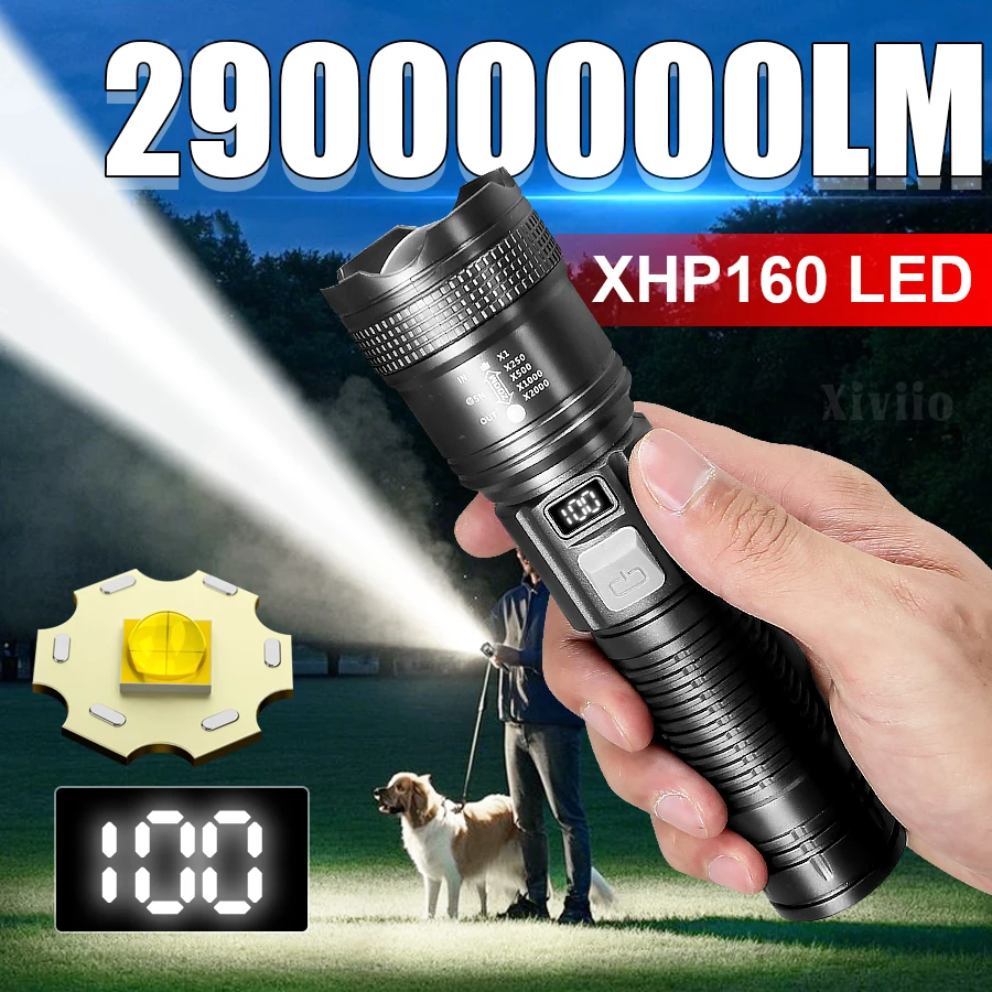 

2900000LM Сверхмощный светодиодный фонарик XHP160, мощные перезаряжаемые фонарики, цифровой электронный дисплей, ручной фонарик для кемпинга