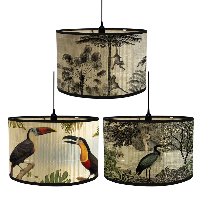 Retro Style Flower Printing Lampshade Japanese Style Homestay Decor Bamboo Art Chandelier Light Cover Chandelier Wall Lamp Shade