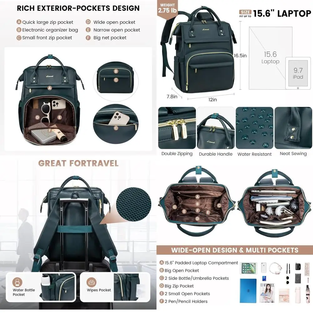 LOVEVOOK Leren laptoprugzak of damesrugzak van 15,6 inch, reisrugzak voor verpleegkundigen, leraren, computerrugzak, professionele laptoptas voor hogeschool, zakelijk gebruik