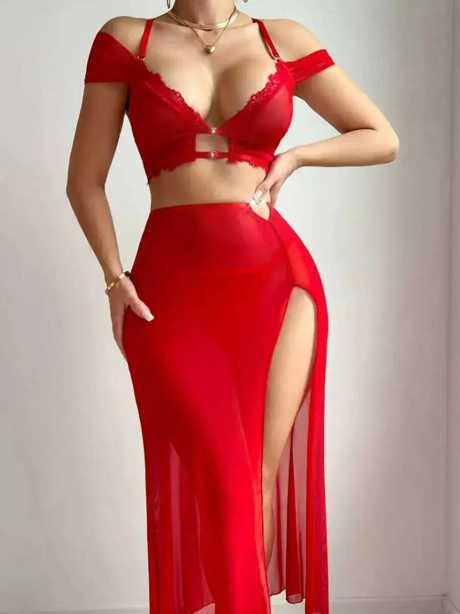 Nowa długa sukienka 2025, styl casual, seksowna, z rozcięciem, dopasowana, z przezroczystej siateczki, elegancka sukienka dla kobiet WXEA