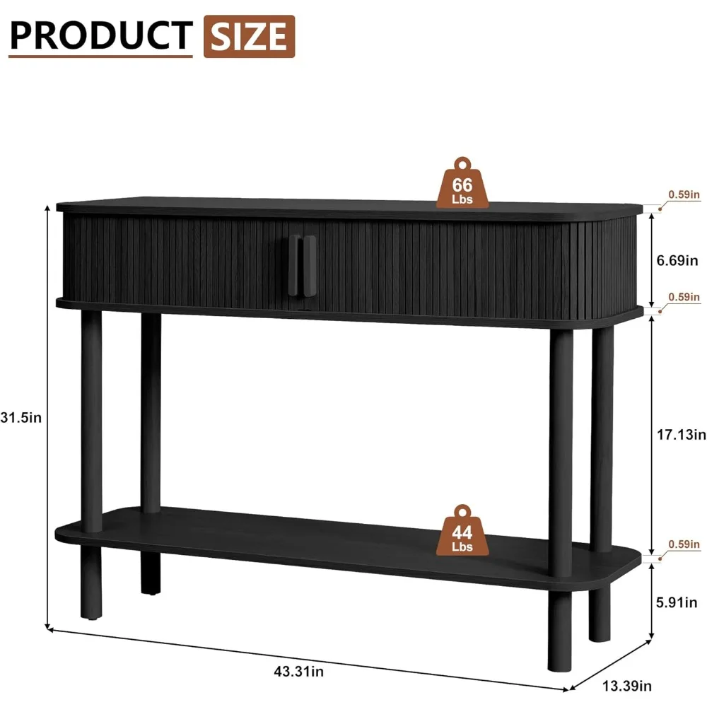 طاولة وحدة تحكم للمدخل الحديثة في منتصف القرن مع مساحة تخزين، تصميم مخدد، باب منزلق ورف مفتوح، مثالية لدعم ظهر الأريكة