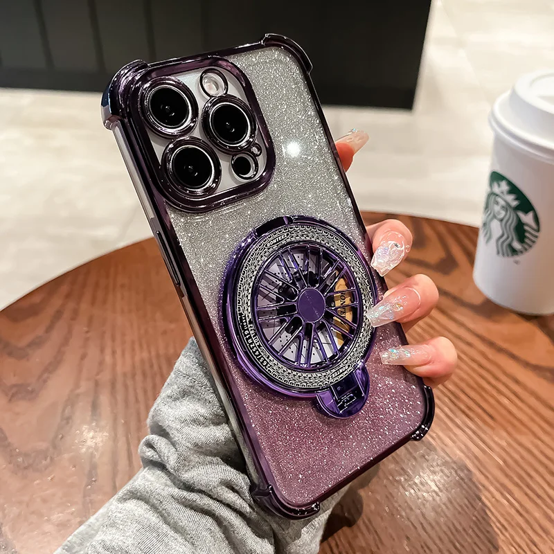 Luxury GlitterสําหรับiPhone 14 15 Pro Max 13Pro 16ProพับสําหรับiPhone 16 Plus Shiny Blingหมุนขาตั้งShell