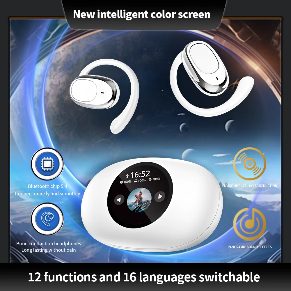 New Color Screen Touch Open Ear Bluetooth Earphones 5.4ANC Active Noise Reduction Multifunctional Wireless Bluetooth Earphones