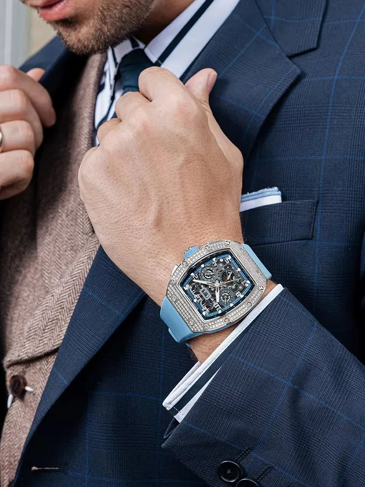 Full Inlay Diamond Automatic High Quality Steel Moon Watches Men Sapphire Rubber Tonneau