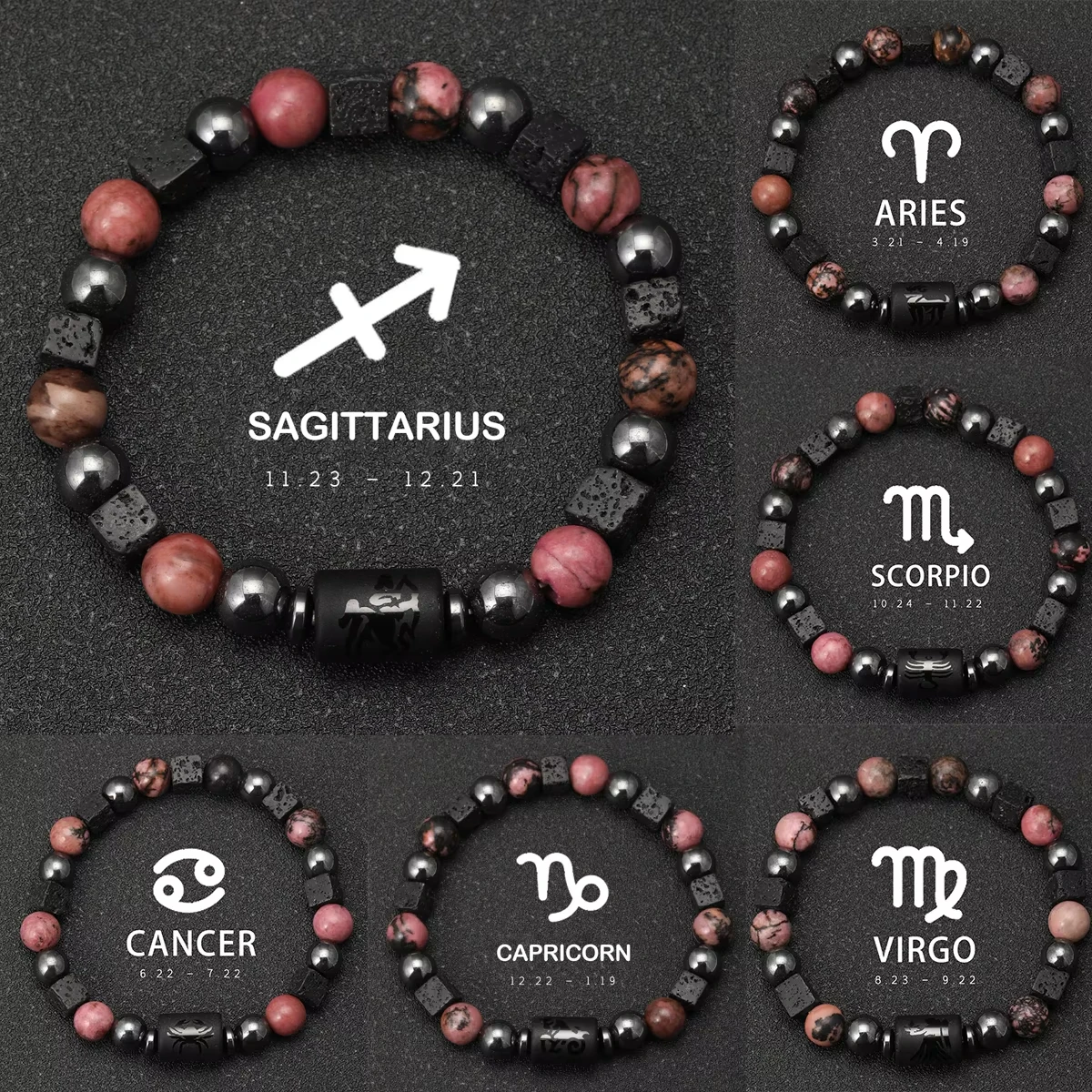 

12 Zodiac Natural Stones Volcanic Stones Hematite Energy Bracelets Taurus Cancer Virgo Pisces Bracelets Women's Men's Bracelets