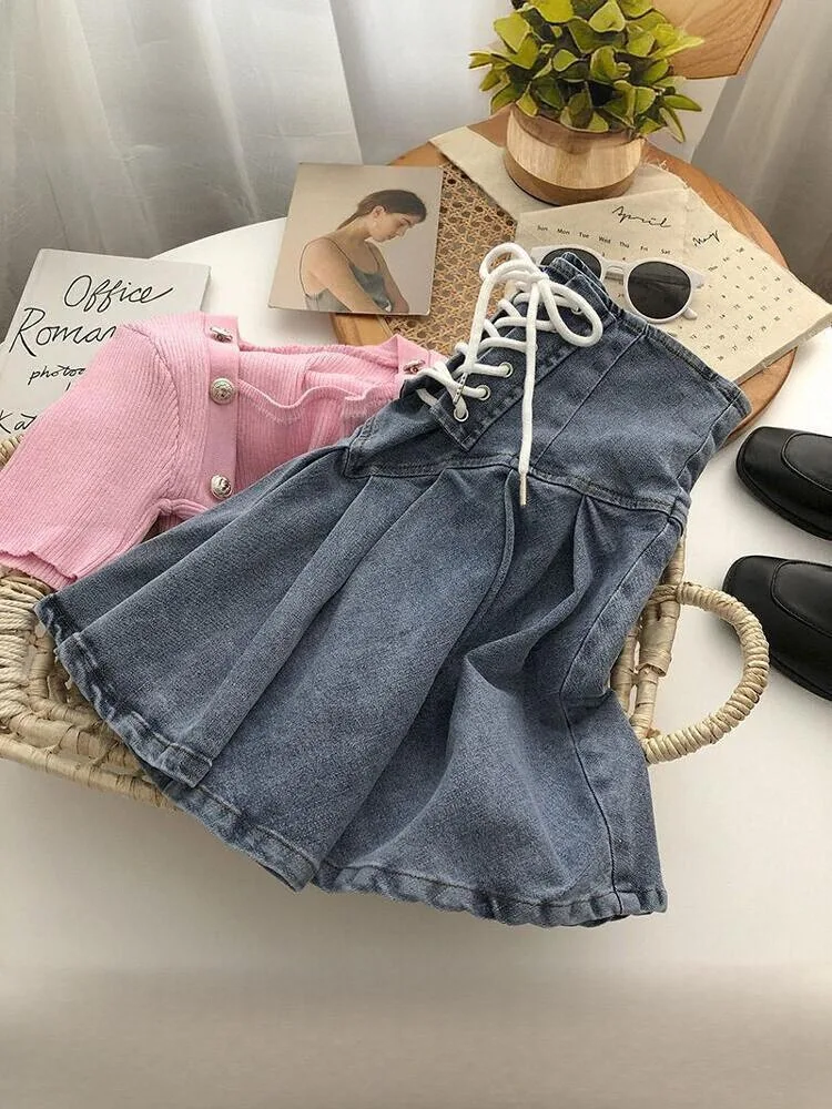 Jupe trapèze taille haute coréenne pour femmes, jupe ort plissée en Denim élastique avec bande à nouer croisée, nouvelle collection 2024