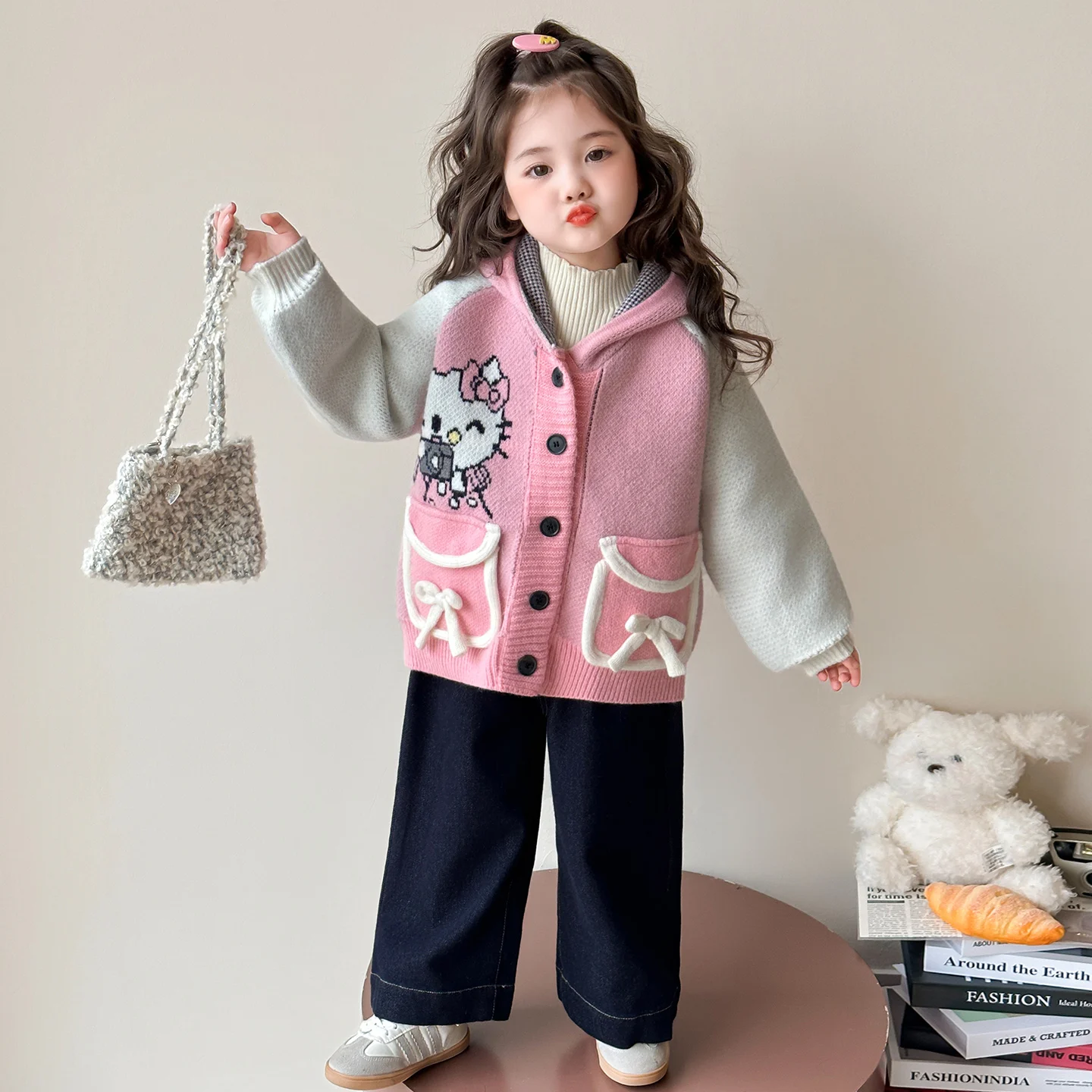 

Cartoon Hooded Knitted Jacket for Women Autumn New Bow Single Breasted Cardigan Tops Korean Cat Contrasting Color Sweaters