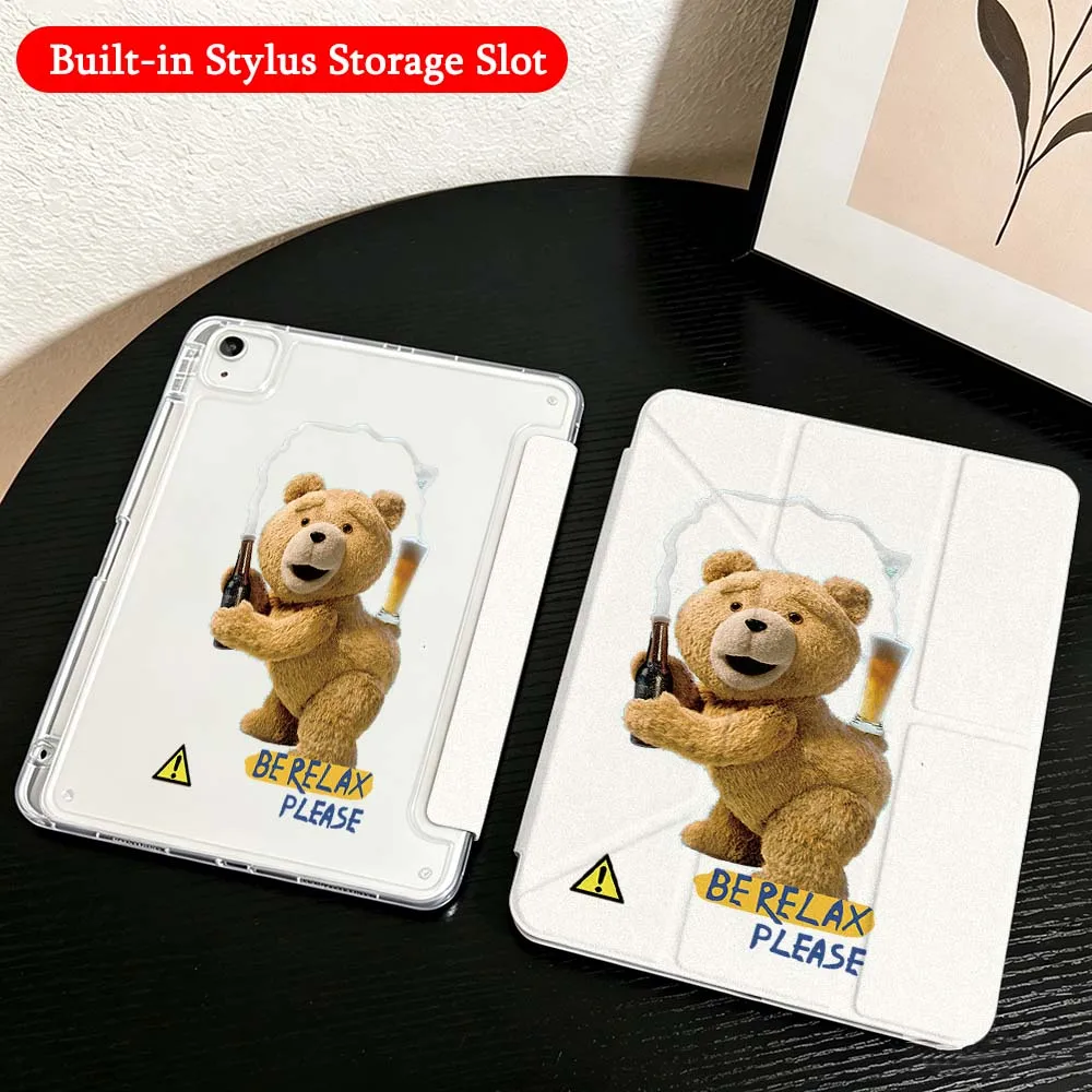Brown Cartoon Bear For iPad Mini Pro Air 5 6 7 8 9 10th 11th 11 9.7 10.9 13 inch Transparent Y-Shaped Folding Tablet Case