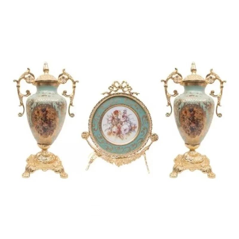 

Ceramic decorative set, two vases and plates with gold-plated solid brass frames