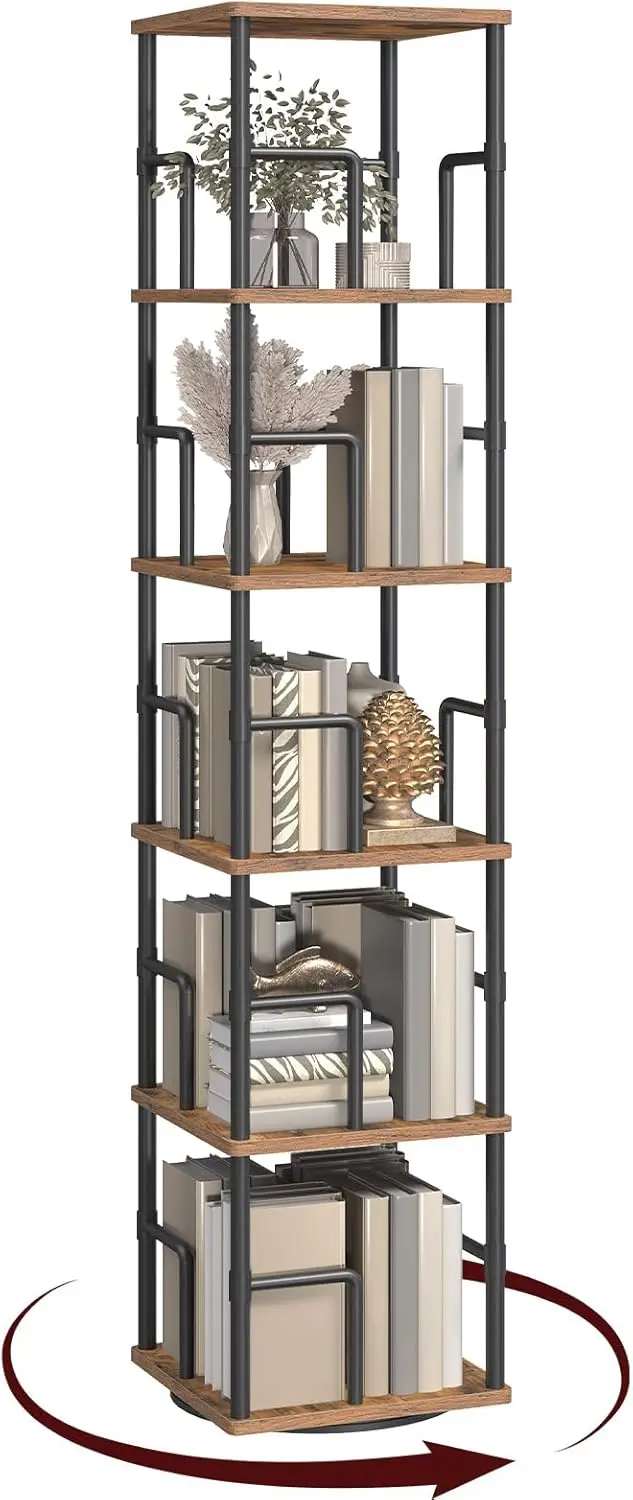 

5-Tier Rotating Bookshelf, Freestanding Corner Bookshelf, 360° Spinning Bookcase, Industrial Style Storage Rack with Rails