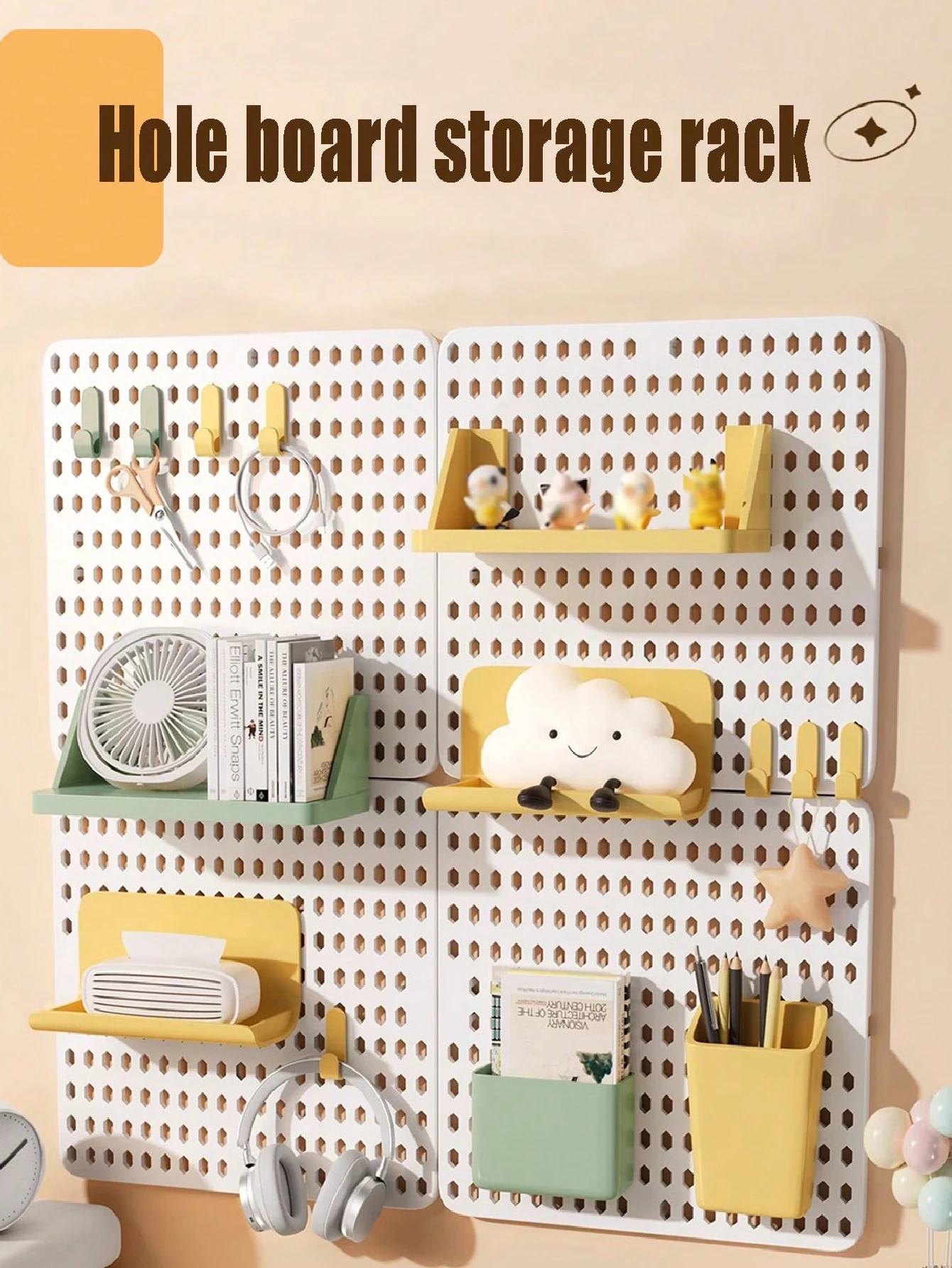 1 Set DIY Pegboard Storage Rack, Wall Mount Hole Board Organizer with 2 Boards, 6 Hooks, 4 Accessories & 2 Adhesive Stickers