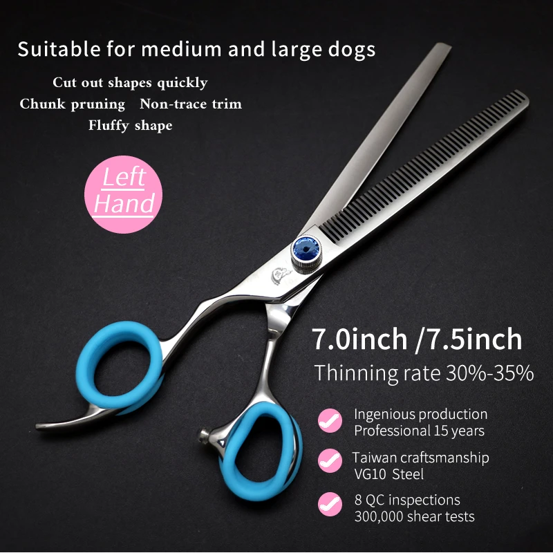 Crane Left Hand 7.0/7.5 Inch Professional Pet Dog Grooming Thinning Scissors VG10 Toothed Blade Shears Thinning Rate About 35%