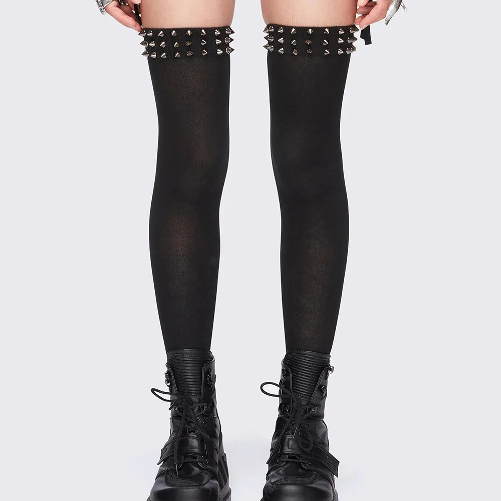 Y2K Gothic Punk Over The Knee Solid Polyester Stockings Spike Rivet Trim Elastic Non-slip Long Tube Socks Subculture Alt Hosiery view 2