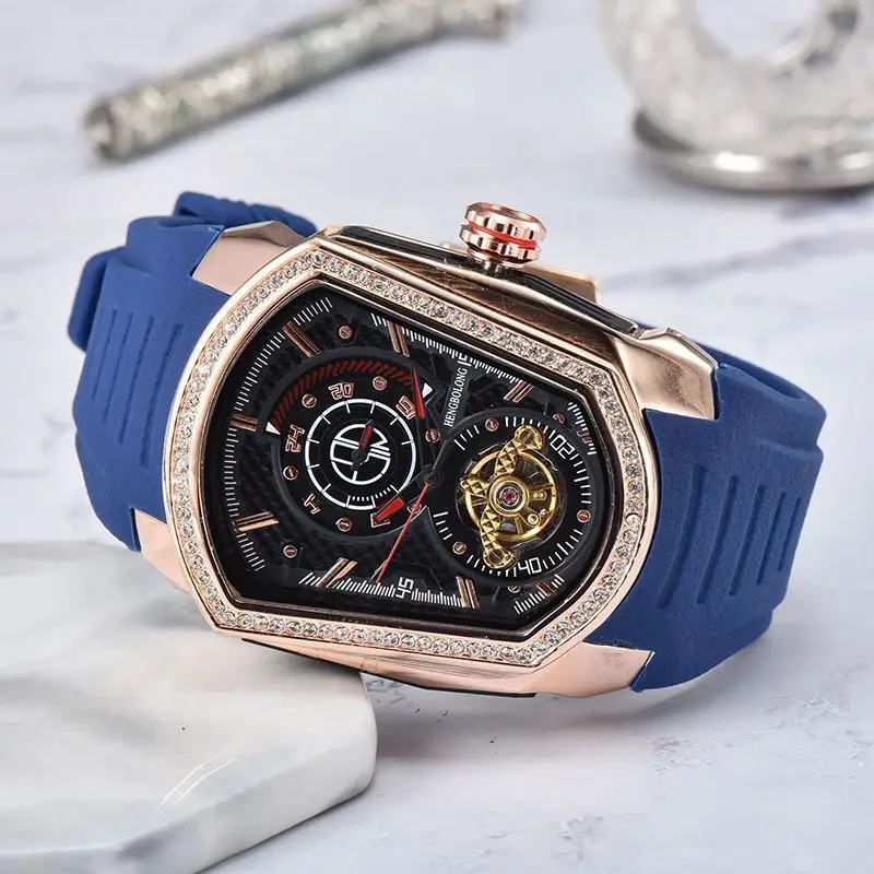 DUGARY Wine barrel fashion Automatic mechanical watch Tourbillon business Wristwatch rubber male diamond Relogio Masculino