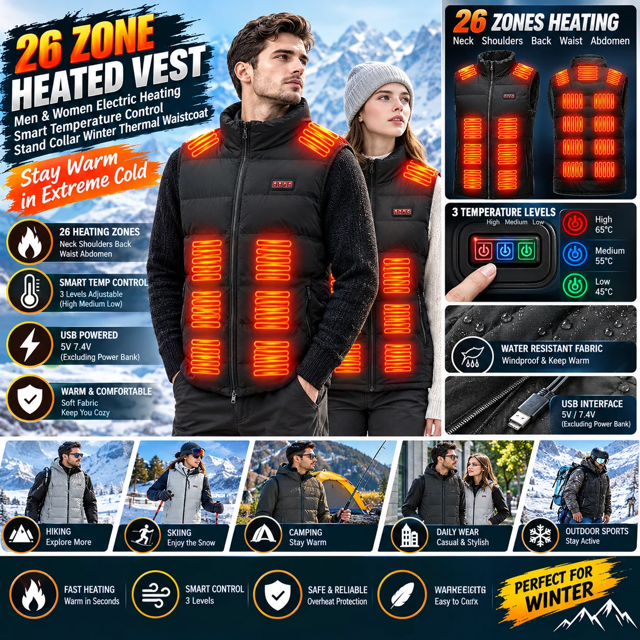 Heated Vest Men Women 26 Zone Electric Heating Smart Temperature Control Stand Collar Winter Thermal Waistcoat(excluding power)