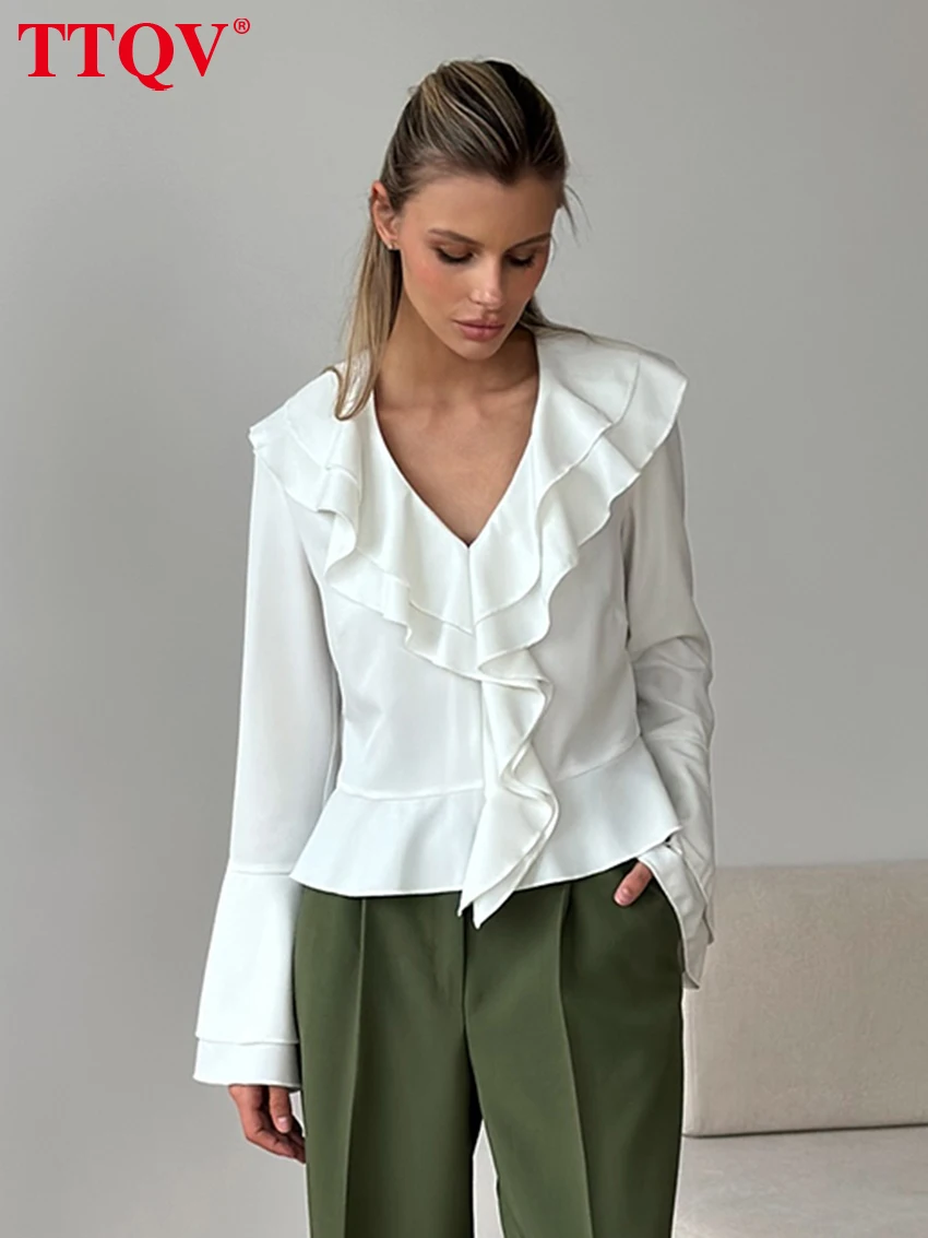 

TTQV Fashion Loose White Women's Shirt 2026 Casual V-Neck Long Sleeve Shirts Elegant Classic Ruffles Top Female Clothing