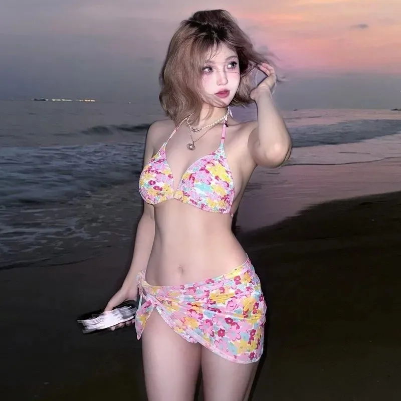 

Women's 3 Piece Pink Floral Print Halter Bikini Set with Sarong Skirt Cover for Beach Vacation