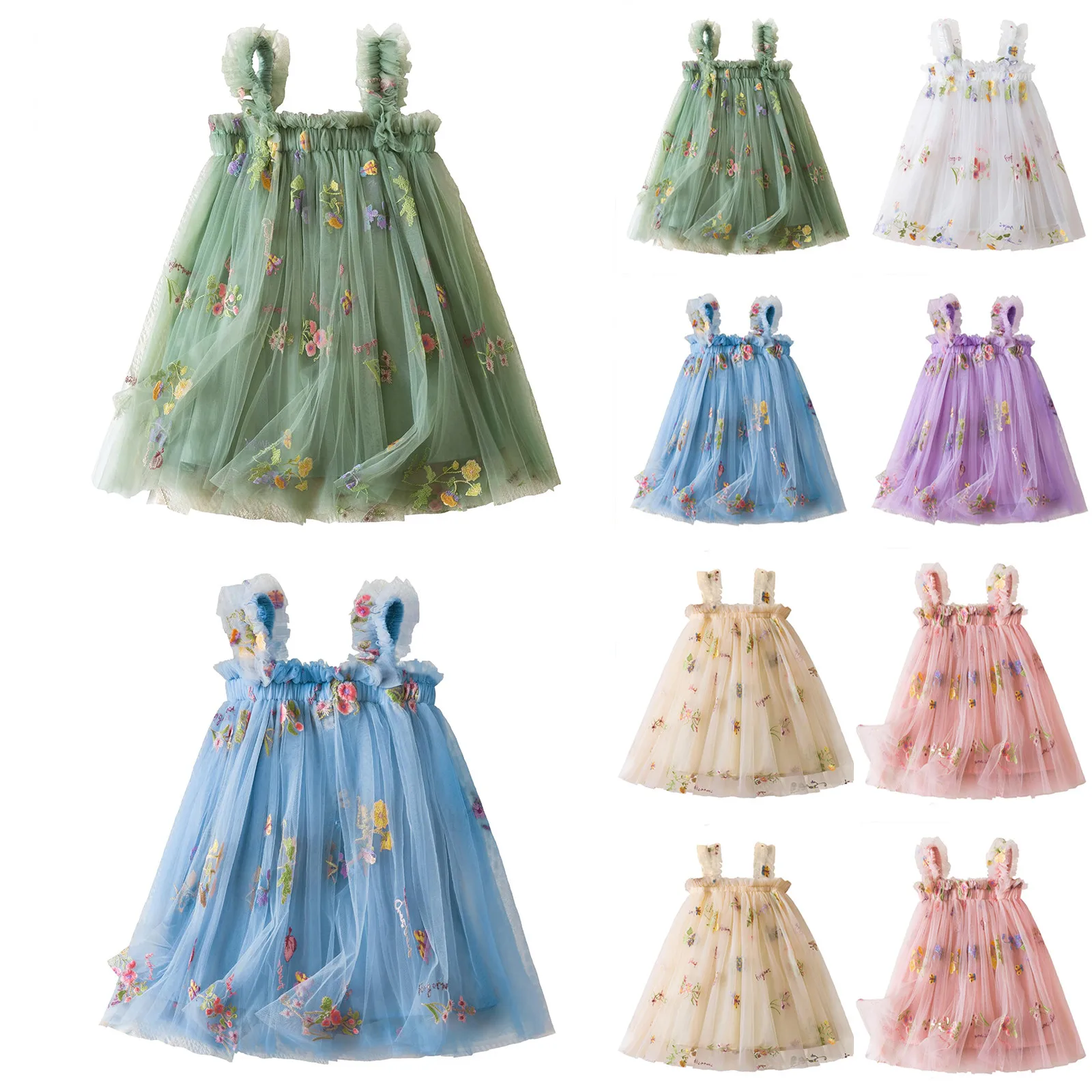 Outdoor Summer Cute Princess Dress Toddler Baby Girls Embroidery Flower Suspender Mesh Dresses Birthday Party Princess Dresses