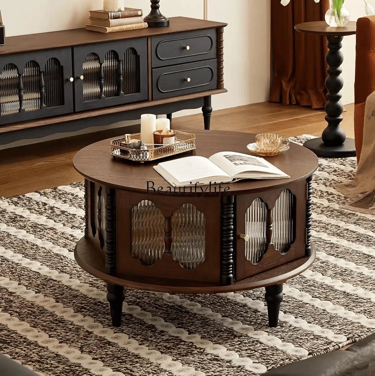 

LXAmerican retro solid wood Changhong glass coffee table living room small apartment simple modern French tea tableSSS