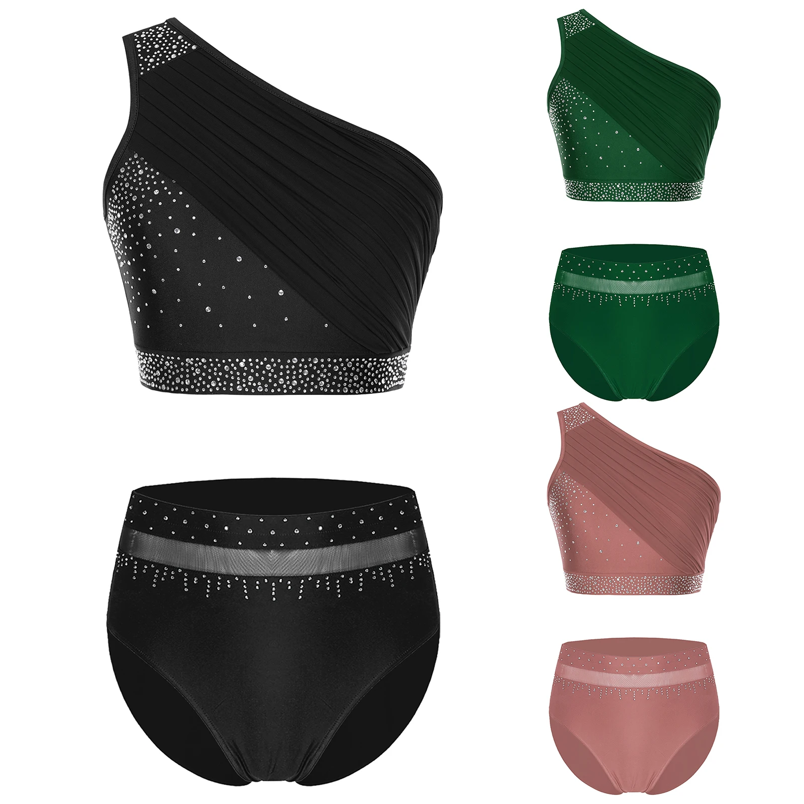 

Womens Ballet Dance Costumes Outfit Figure Skating Dancewear One Shoulder Ruched Mesh Overlay Rhinestones Crop Top+Briefs Shorts