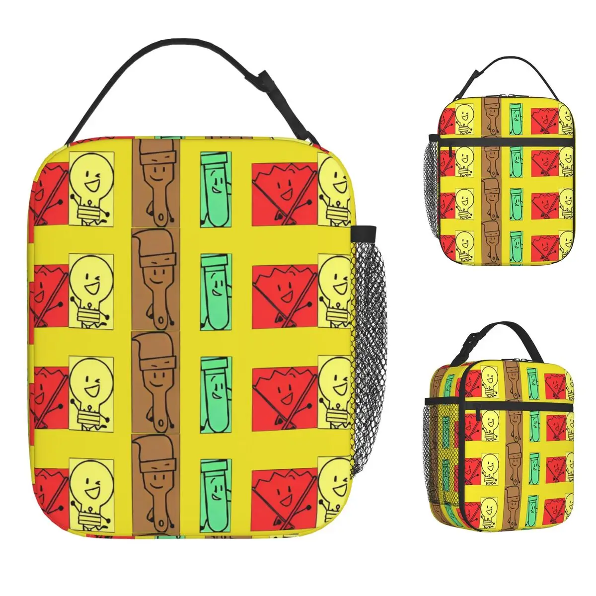 BFDI Inanimate الجنون جميع الشخصيات حقيبة الغداء للرجال الجرافيك علب الاغذية الرجعية حقيبة للحفاظ على البرودة المحمولة أكسفورد أكياس الغداء الحرارية