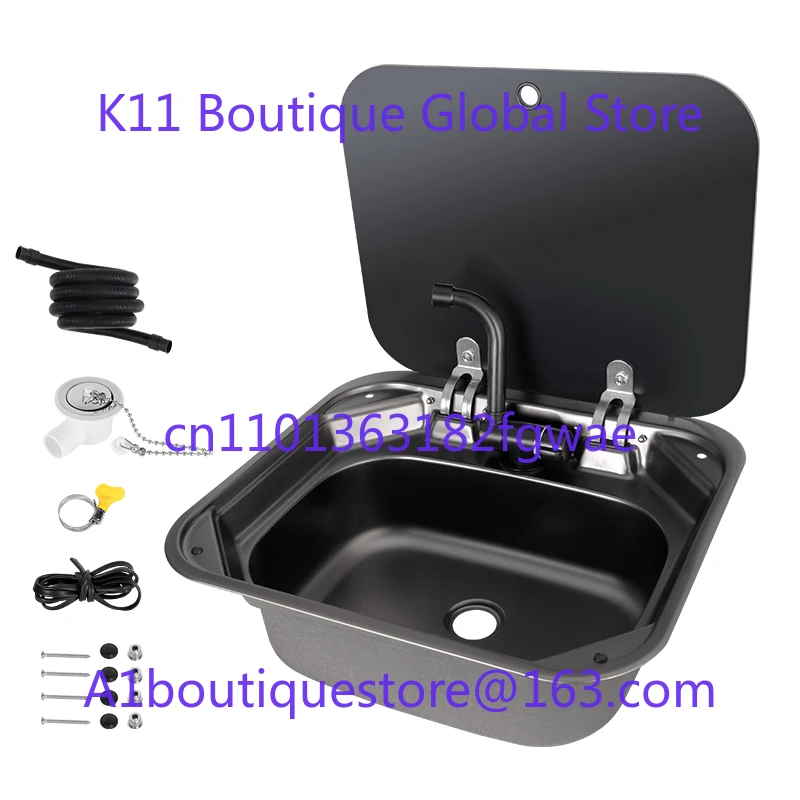 RV Stainless Steel Sink with Faucet 420mm with Tempered Glass Cover Square and RV RV Camper Kitchen Accessories