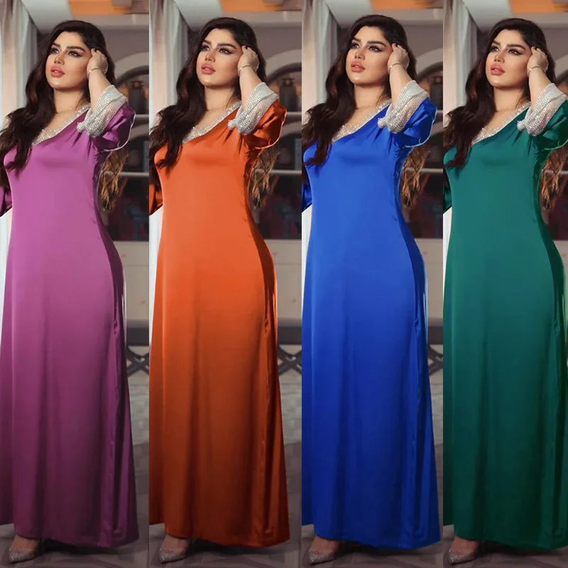 Satin Pailletten Voller Diamant Mesh Einfarbig Dubai Türkei Nahen Osten Langes Kleid Muslimische Frauen Hohe Taille Lose