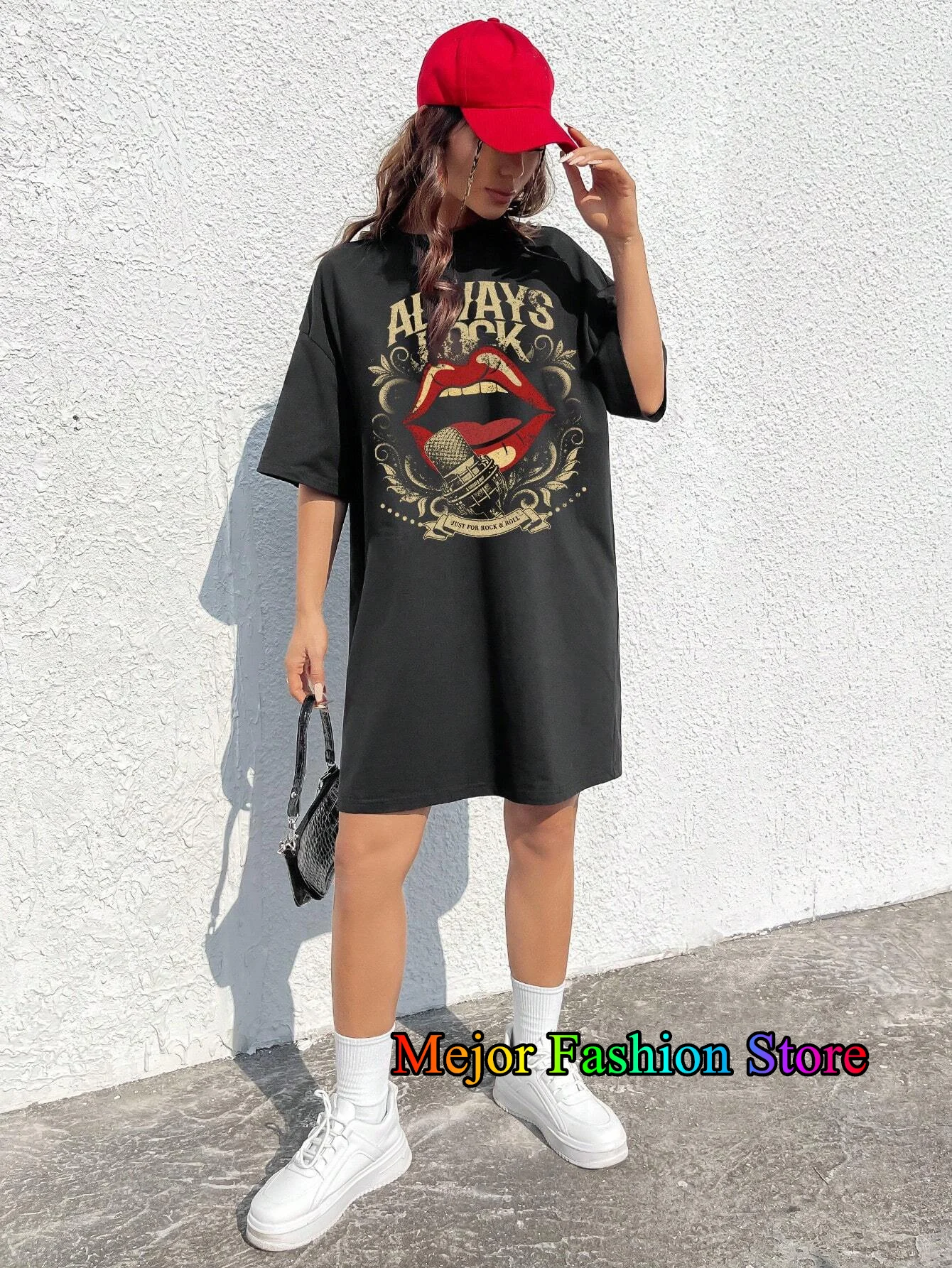 夏新常にロックヴィンテージ赤い口紅マイクプリント女性半袖 Tシャツドレス無地ルーズファッションドレス