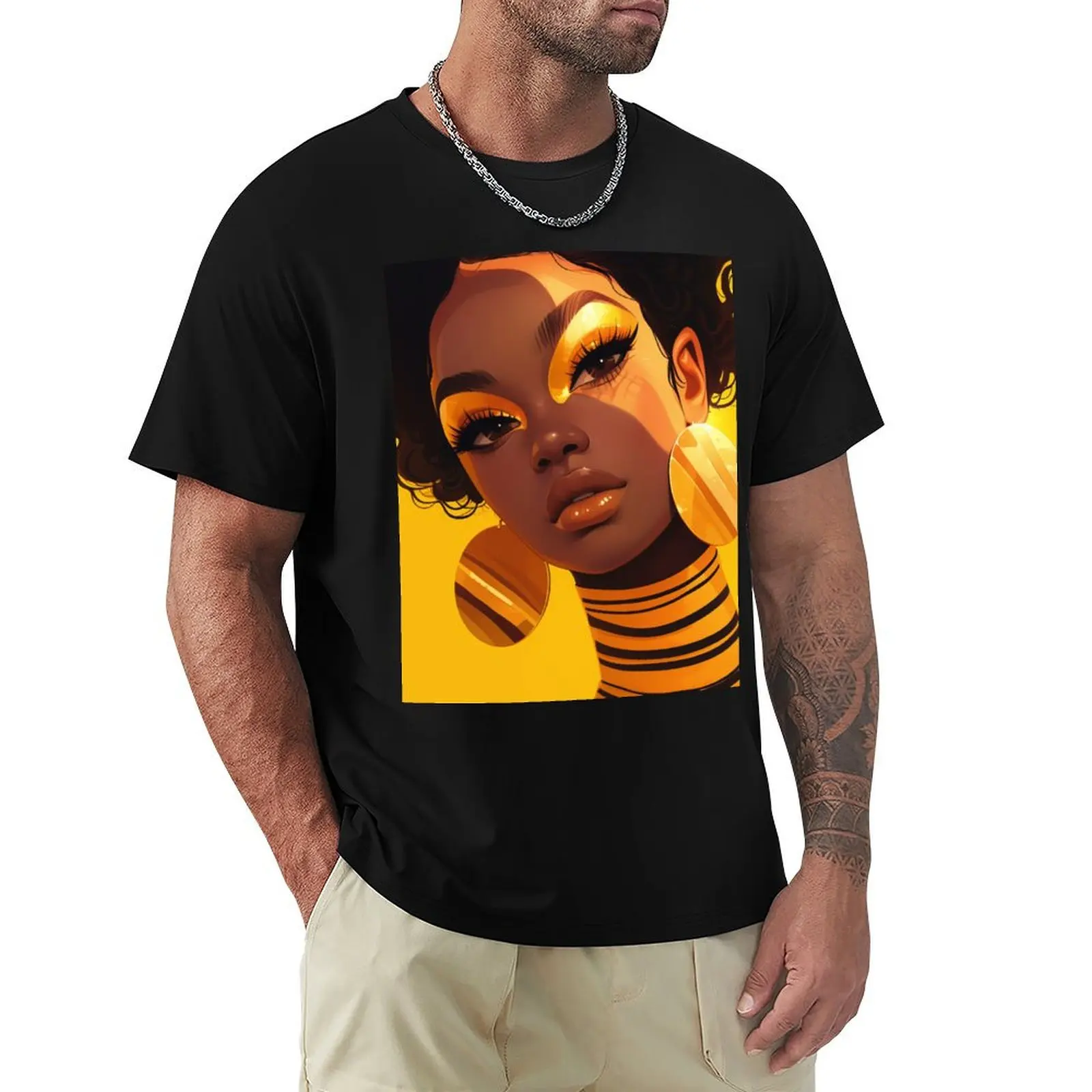 

Yellow Makeup Woman Portrait Vibrant Artistic Expression T-Shirt Trendy Casual Short Sleeve Shirt