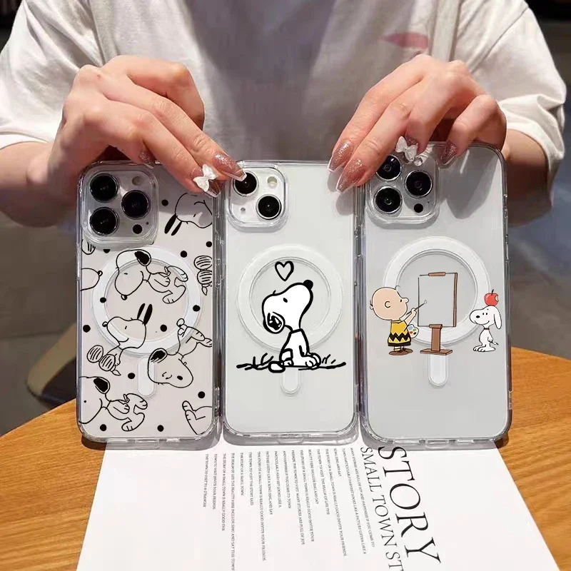 

For Magsafe Cute Snoopy Clear Case for Iphone 16 15 14 13 12 11 Pro Max 16E 13 Mini 16 Plus Phone Magnetic Wireless Charge Cover