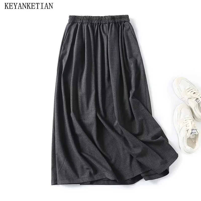 

KEYANKETIAN 2024 New Launch Women's Elastic Waist Dark Grey Skirt Spring Stylish Simply Pockets A-line Ankle-Length MIDI Skirt