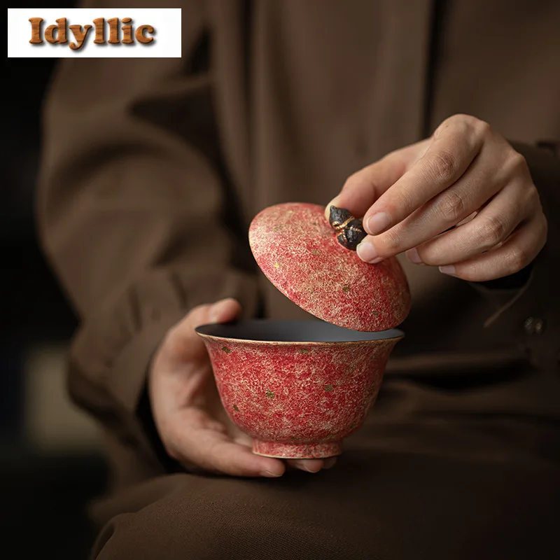 150ml Gold Sprinkled Colorful Pottery Gaiwan Traditional Tea Tureen Tea Bowl With Lid Kit Tea Maker Cover Bowl Tableware Craft