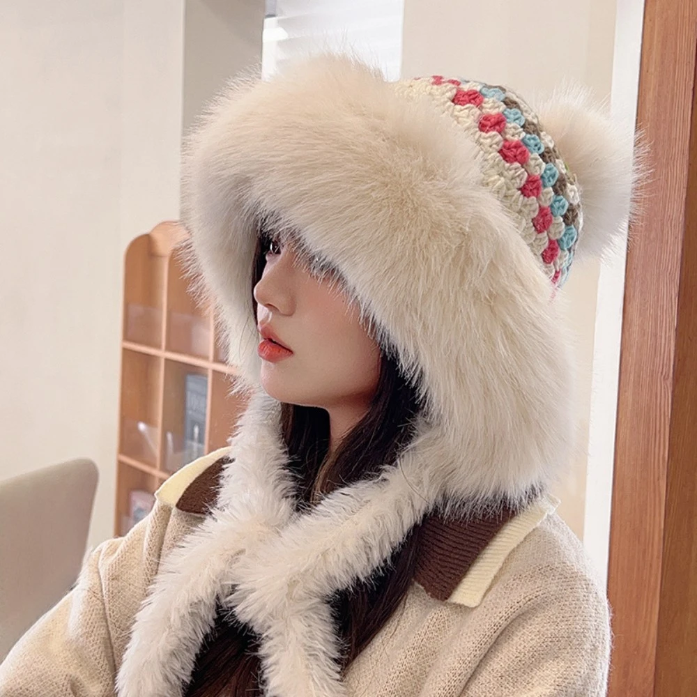 New Russian Hat Thick Warm Fluffy Fur Hat Women's Large Pom Pom Beanie Women's Knitted Snow Ski Hat Ear Flaps Knitted Hat