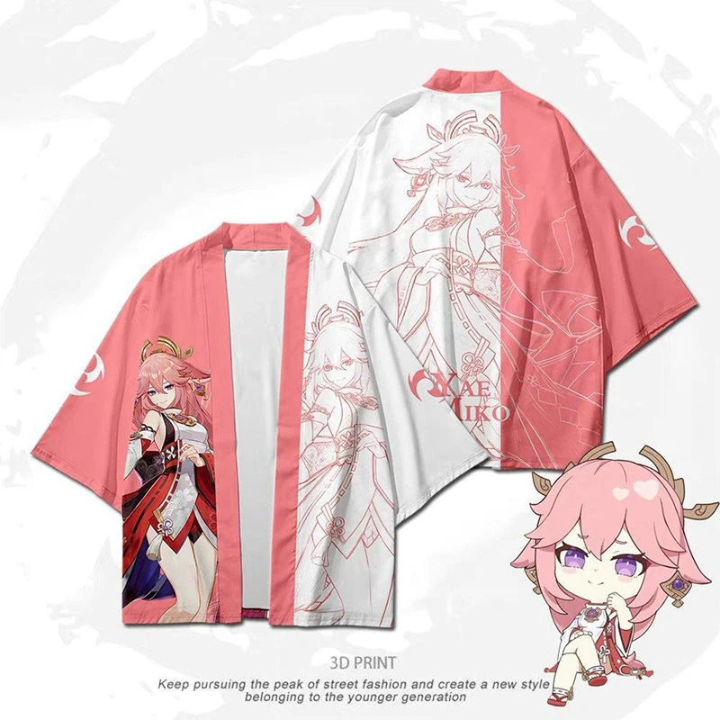 Kawaii Genshin Impact Yae Miko 3d Kimono Shirt Cosplay Japan Anime Game Men Women Seven Point Sleeve Tops Casual Cool Streetwear