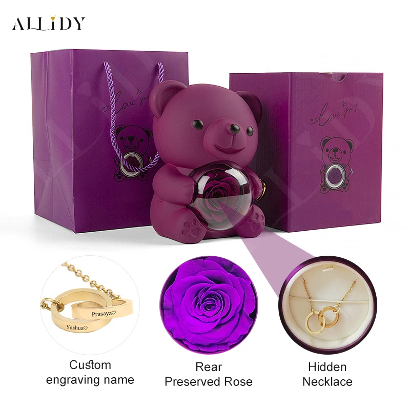 

Back-to-School Gifts for Students/Classmates/Teachers Real Preserved Rose Flower Teddy Bear Gift Box and Engraved Name Necklace