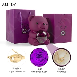 Back-to-School Gifts for Students/Classmates/Teachers Real Preserved Rose Flower Teddy Bear Gift Box and Engraved Name Necklace