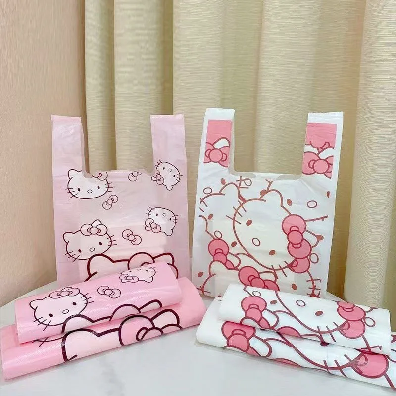 

50 Pcs/set Cartoon Vest-Style Plastic Bags Hello Kitty Handheld Bin Bags for Home Use