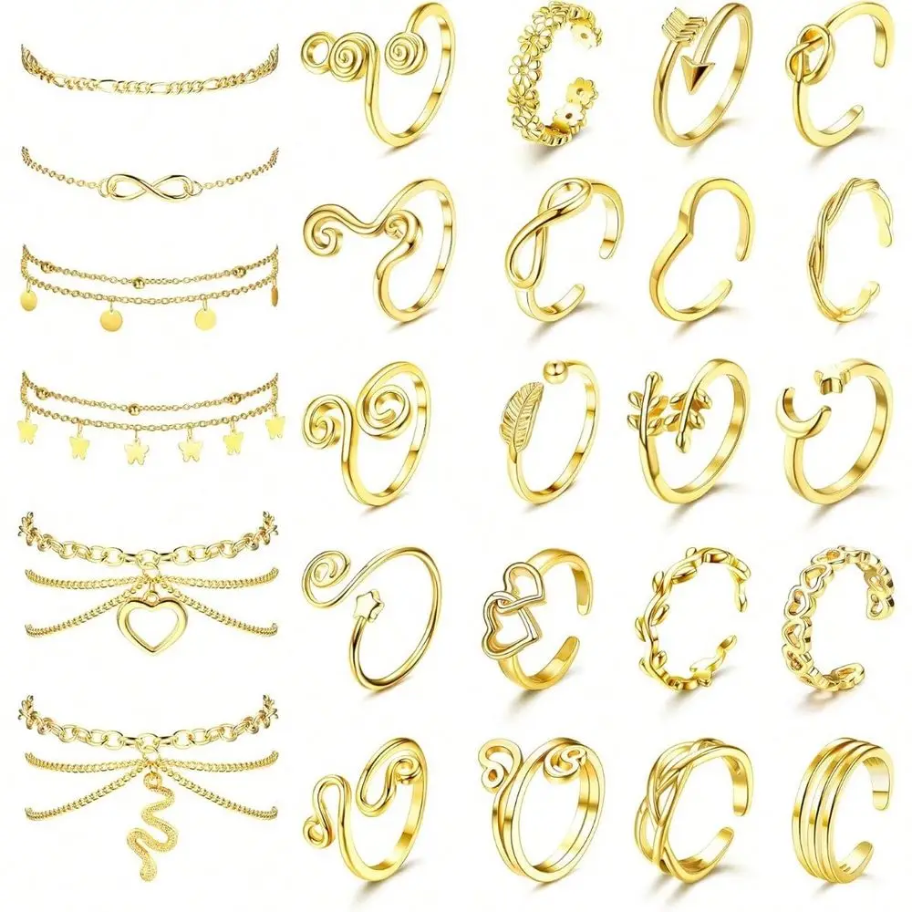 Tobilleras Ajustables de Varias Capas, Anillos para los Dedos de los Pies, Conjunto de Joyería para Pies de Verano