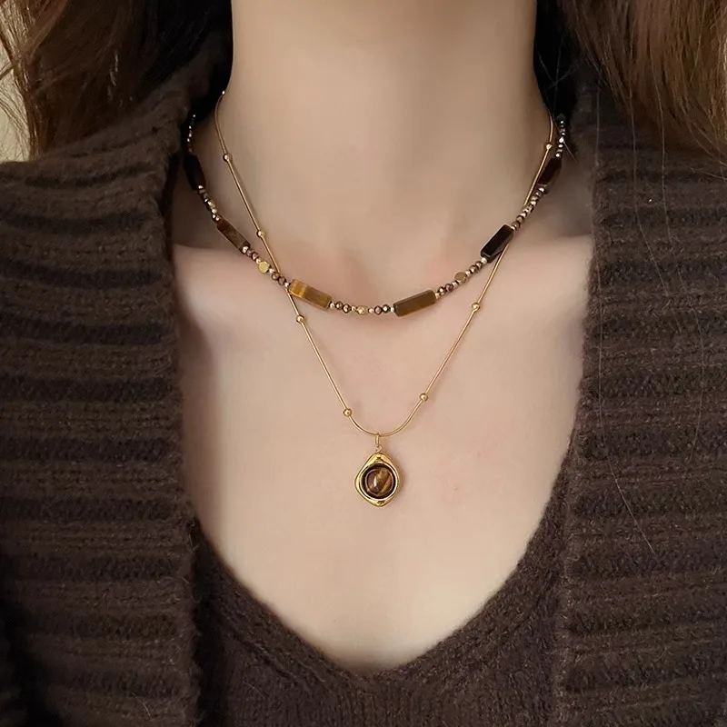 Exquisite Stainless Steel Chain Choker Necklace Set for Women Men Vintage Tiger Eye Stone Drop Necklace Vacation Party Jewelry
