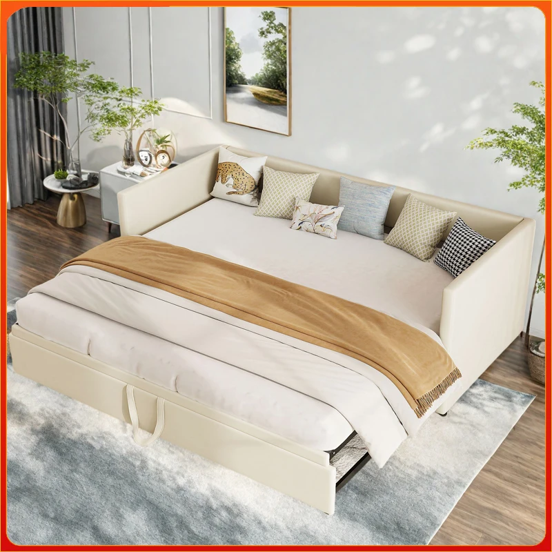 Canapé-lit pliant Comanlai, canapé-lit convertible, lit rembourré en velours, beige/gris, 90/180 x 200 cm