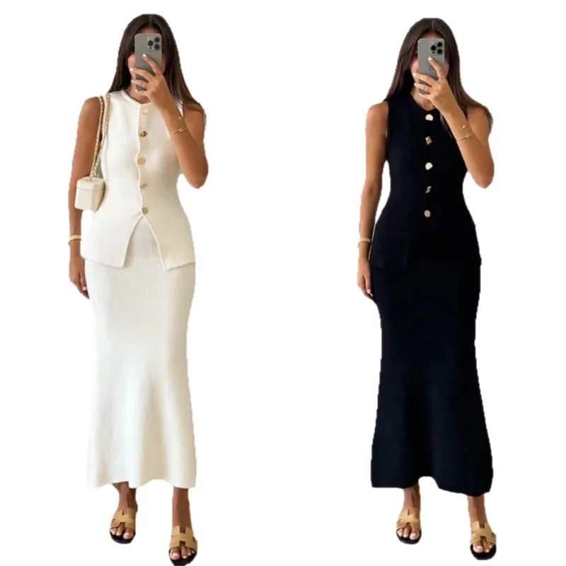 シンプルなスタイルのツーピースセット女性用新作マッチングセットツーピースアウトフィットノースリーブトップススカート無地カラー気質通勤