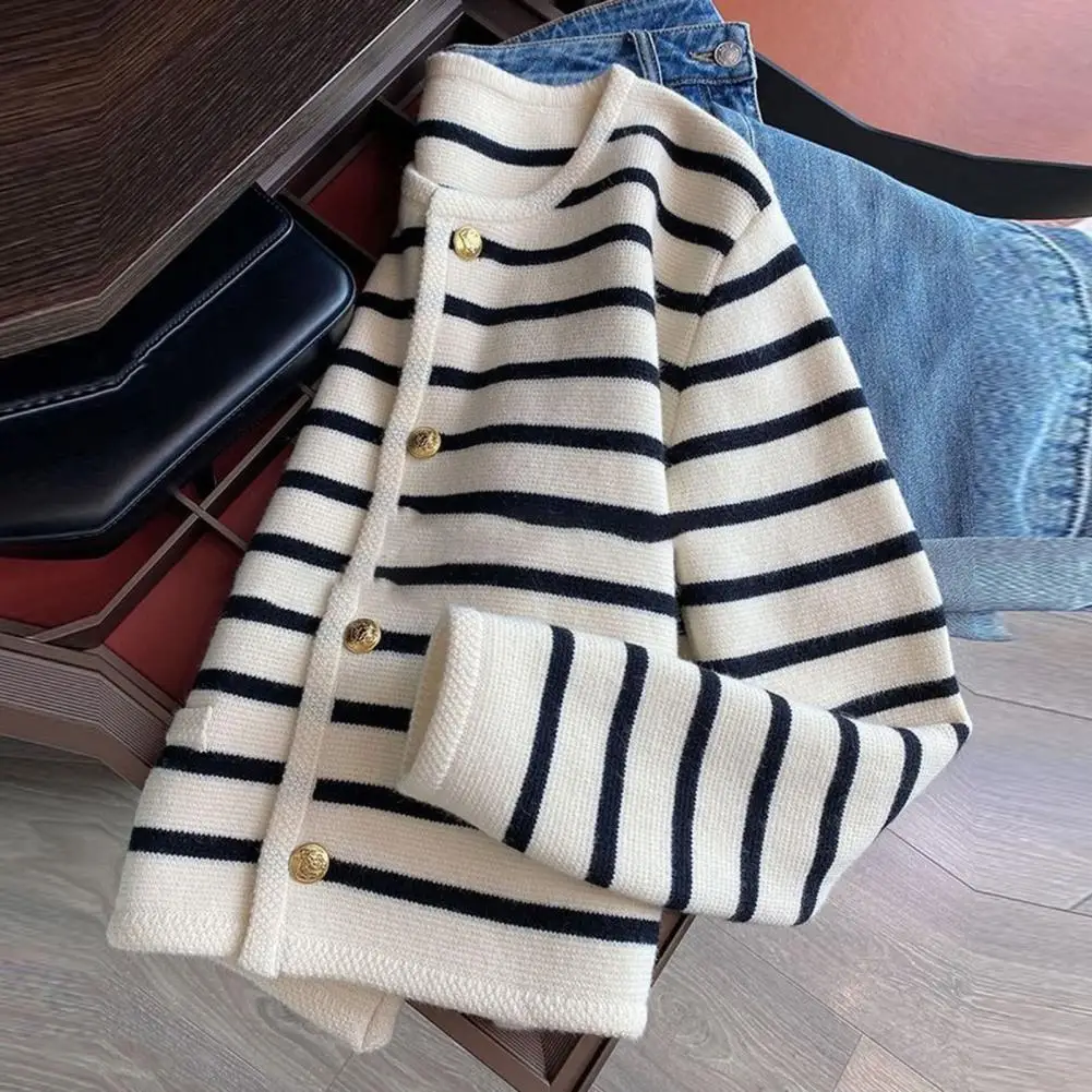 

Elegant Women Stripe Knitted Cardigans Spring Winter O-neck Single Breasted Long Sleeve Crop Tops Casual Chic Female Sweaters
