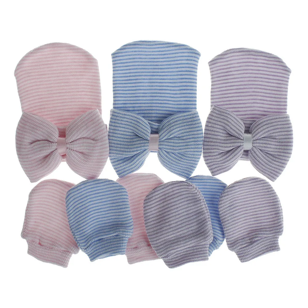 Baby Girl Knit Glove Hat Combo Bowknot Decorated Soft Yarn Material Warm Lightweight Safe for Newborns Purple White Infant Set