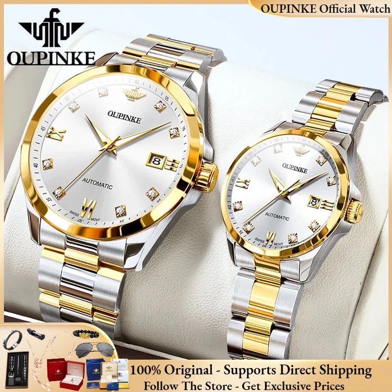 Oupinke 3199 verdadeiro diamante masculino feminino casal relógio de luxo marca movimento suíço relógio mecânico automático elegante casal conjunto relógio