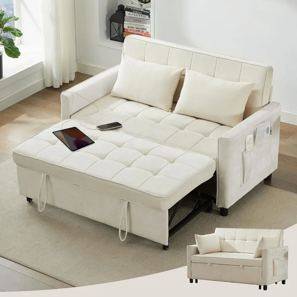 Convertible Chenille Sofa Bed with Pullout Full-Size Sleeper, USB & Adjustable Backrest, Suitable for Living Room, Office, Dorm,