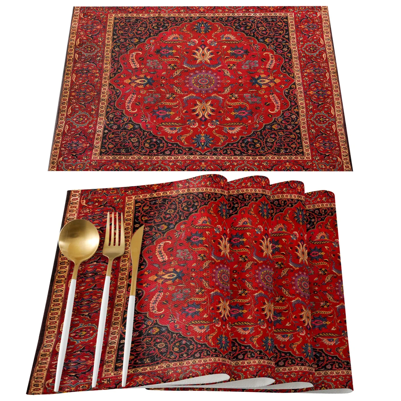 Persian Pattern Fabric Placemat, Vintage Carpet Style, Heat-Resistant Non-Slip Table Mat for Kitchen, 1pc