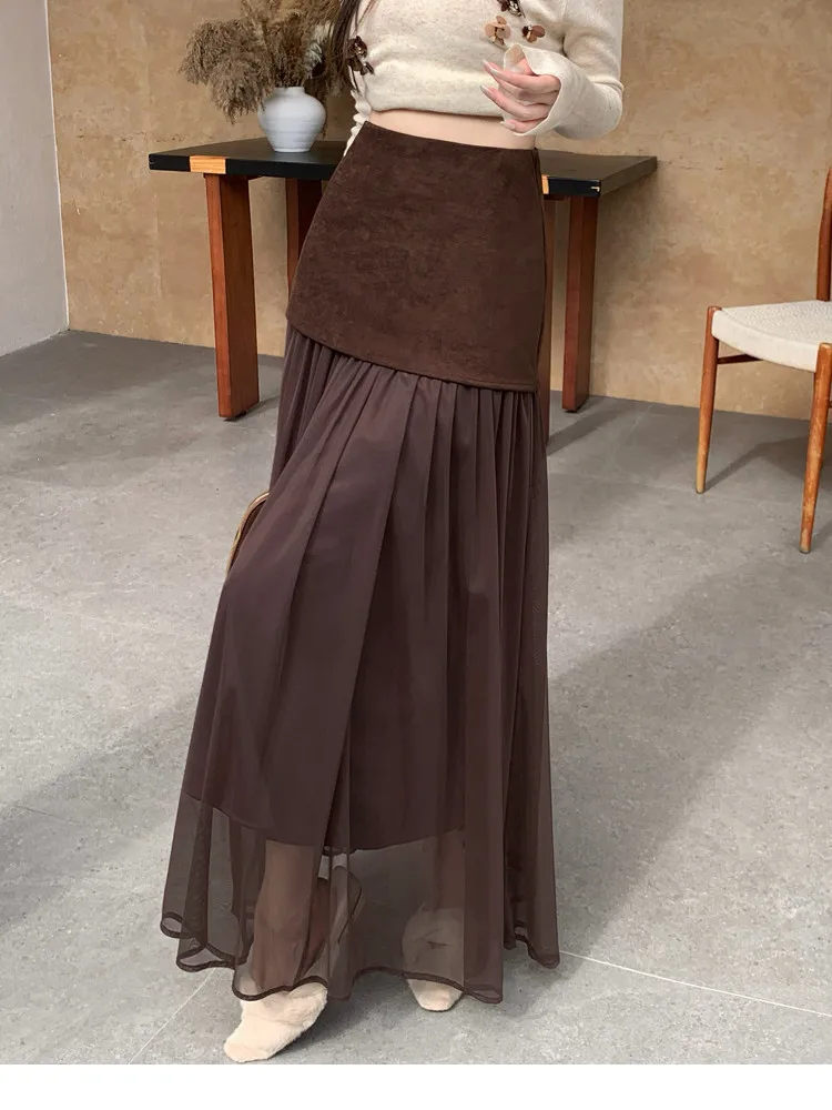 Fall Winter High-Waisted Slimming Long A-Line Skirt For Women Vintage Suede and Tulle Splice Fake Two Piece Pleated Full Skirt