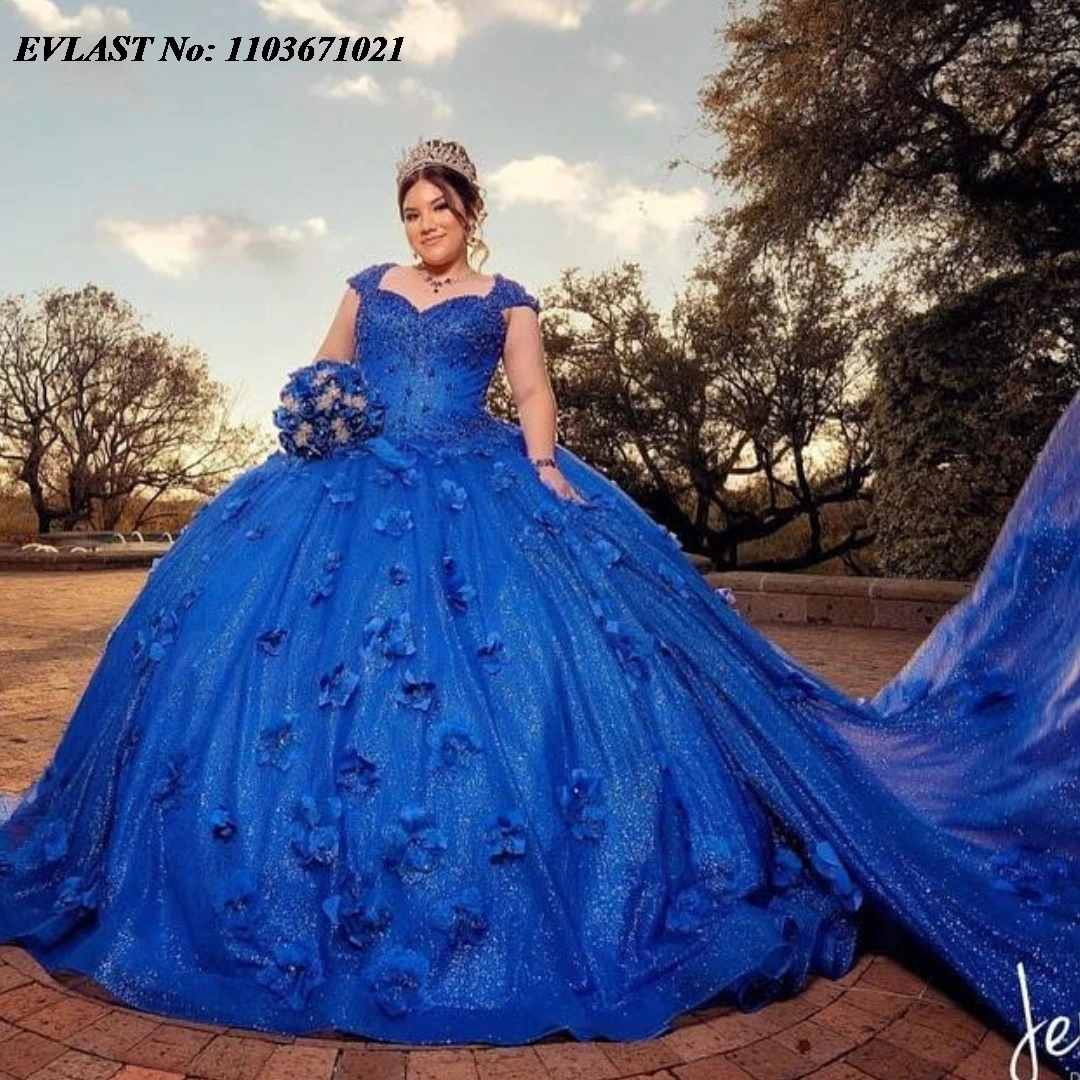 EVLAST индивидуальное королевское синее платье Quinceanera, бальное платье с цветочной кружевной аппликацией, накидка из бисера, корсет Sweet 16, Vestidos De Anos SQ374