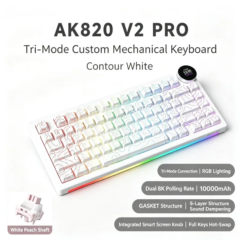 10000mAh With Screen Tri Mode Bluetooth Wireless Dual 8K Custom 75 E-Sports Mechanical Gaming Keyboard For Ajazz AK820 V2 Pro